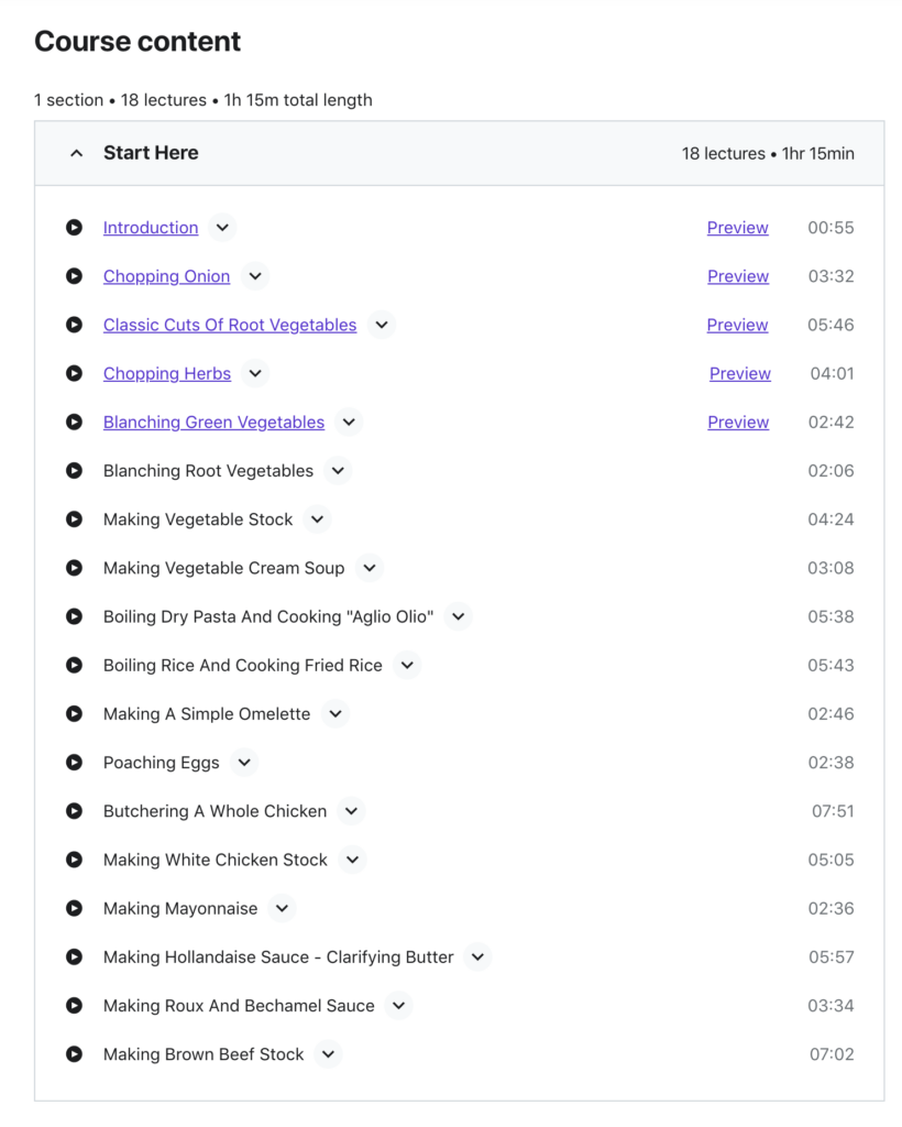 screen shot of cooking course content