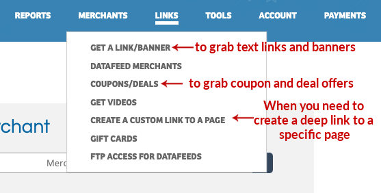 Grab your affiliate links on ShareASale link dropdown menu