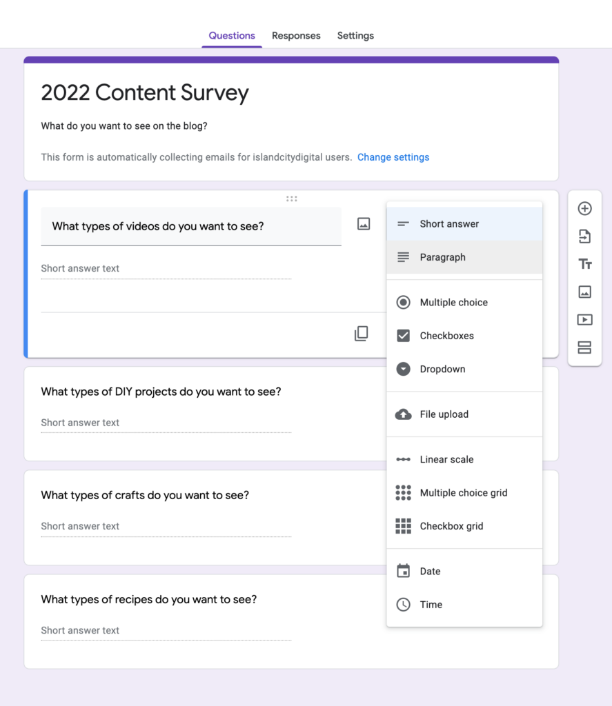 Google survey form screen shot